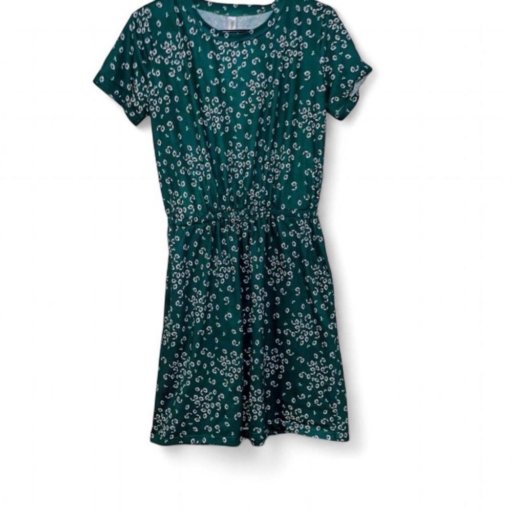 Tickled Teal Dark Green Floral-Print Short Sleeve Dress